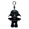 Star Wars Darth Vader plush clip in black soft fabric, with helmet, gray mask details, chest control panel, cape and boots, hanging from a black plastic hook on white.