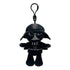 Star Wars Darth Vader plush clip in black soft fabric, with helmet, gray mask details, chest control panel, cape and boots, hanging from a black plastic hook on white.