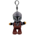 Star Wars The Mandalorian plush clip in gray and brown soft fabric, with silver helmet, dark visor, cape and printed armor details, hanging from a gray plastic hook on white.