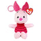Piglet plush clip in pale pink soft fabric, with tall dark pink ears, striped magenta body, embroidered face and pink plastic hook, displayed with a TY Beanie Babies tag on white.