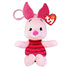 Piglet plush clip in pale pink soft fabric, with tall dark pink ears, striped magenta body, embroidered face and pink plastic hook, displayed with a TY Beanie Babies tag on white.
