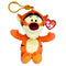 Tigger plush clip in orange and cream soft fabric, with rounded tiger shape, black stripes, embroidered face and orange plastic hook, displayed with a TY Beanie Babies tag on white.
