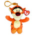 Tigger plush clip in orange and cream soft fabric, with rounded tiger shape, black stripes, embroidered face and orange plastic hook, displayed with a TY Beanie Babies tag on white.