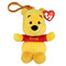 Winnie the Pooh plush clip in yellow soft fabric, with rounded bear shape, red Pooh shirt, embroidered face and brown plastic hook, displayed with a TY Beanie Babies tag on white.