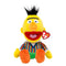 Sesame Street Bert plush toy in yellow soft fabric with black fuzzy hair, orange nose and feet, a striped shirt, green pants, and red Ty Beanie Babies tag on white.