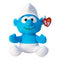 TY Smurf plush toy in bright blue soft fabric features a round seated body, white pointed hat and pants, wide eyes, blue nose, and smiling face on a white background.