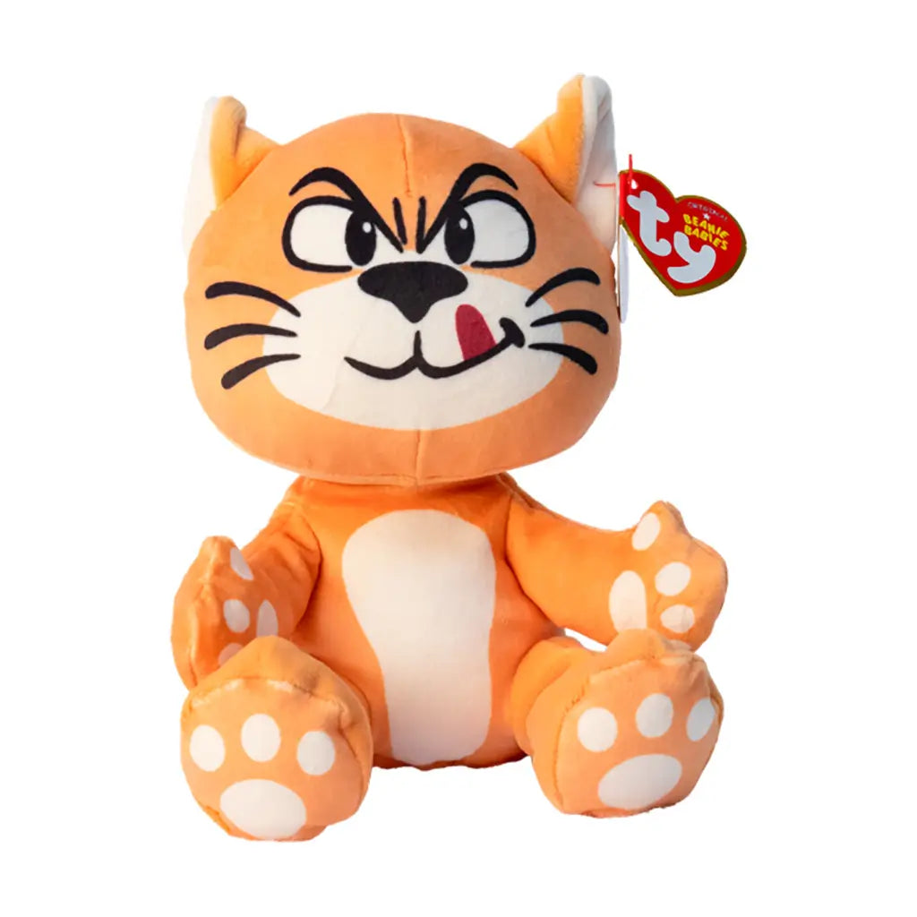 Smurfs Azrael plush toy in orange soft fabric with a cream belly and paws, pointed ears, black whiskers, a playful face, and red Ty Beanie Babies tag on white.