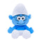 Brainy Smurf plush toy in blue soft fabric with a tall white hat and pants, round glasses, large ears, blue nose, stitched smile, and white feet on a plain white background.