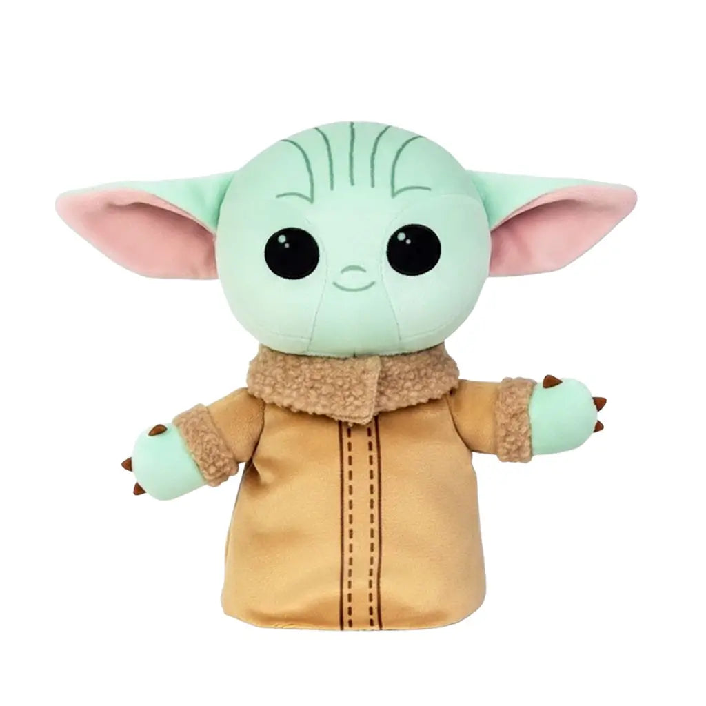 Green Star Wars Grogu plush toy by Ty features soft fabric, a round head with large pink-lined ears, black eyes, and a tan sherpa-trim robe on white background.