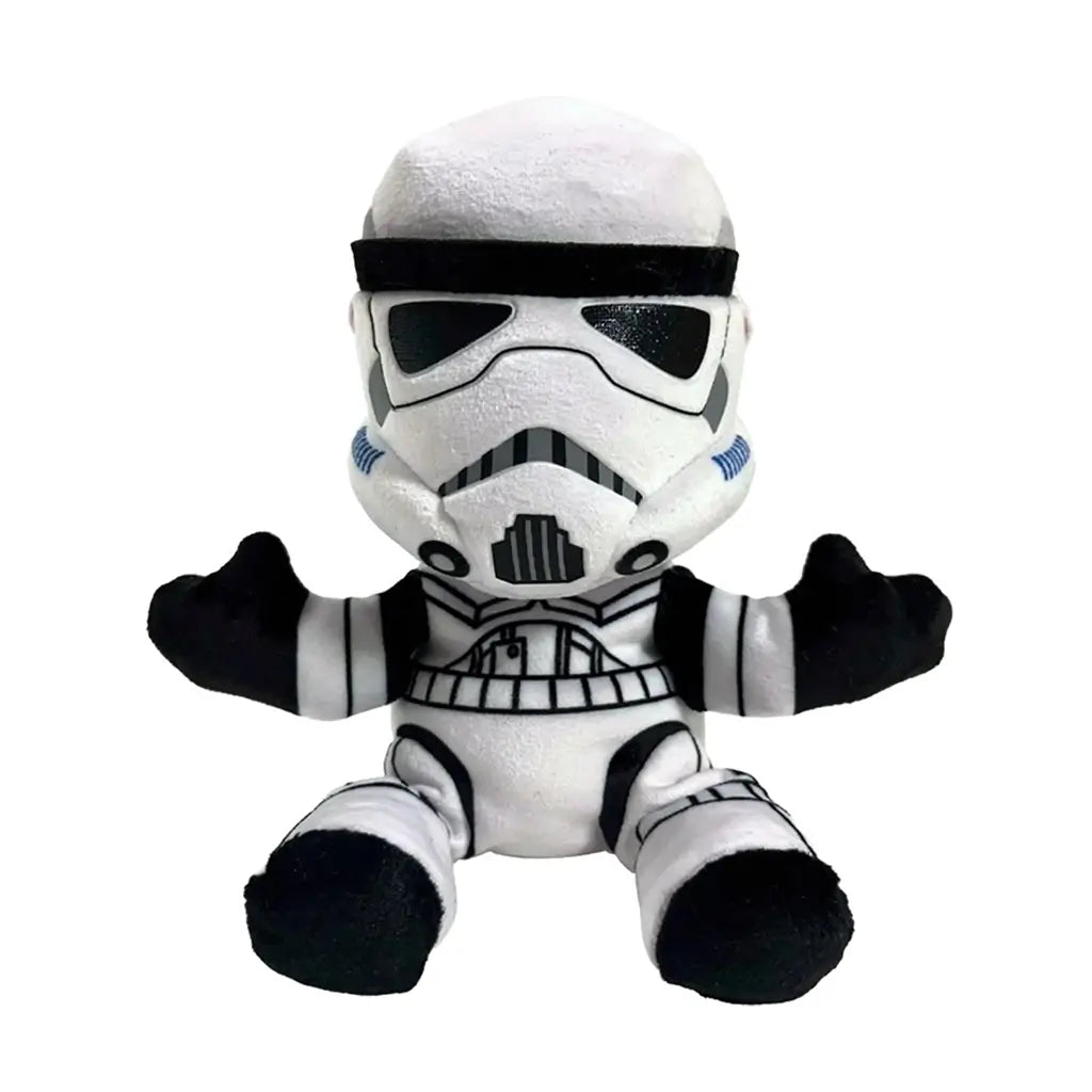 Star Wars Stormtrooper plush toy in white and black soft fabric, with helmet and armor details, seated with arms spread outward against a clean white background.