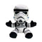 Star Wars Stormtrooper plush toy in white and black soft fabric, with helmet and armor details, seated with arms spread outward against a clean white background.