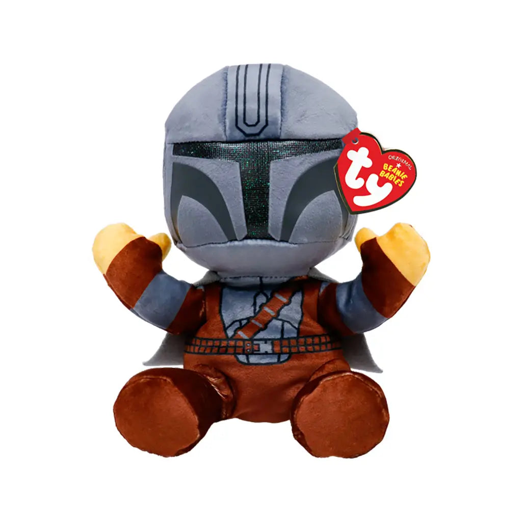 Gray and brown Star Wars Mandalorian plush toy by Ty Beanie Babies, with soft fabric armor, helmet visor, raised tan hands, and red heart tag on a white background.