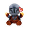 Gray and brown Star Wars Mandalorian plush toy by Ty Beanie Babies, with soft fabric armor, helmet visor, raised tan hands, and red heart tag on a white background.
