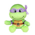 Donatello TMNT plush toy in bright green soft fabric, with a purple eye mask, tan shell chest, brown belt and D emblem, seated with open arms on a plain white background.