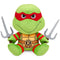 Teenage Mutant Ninja Turtles plush toy in bright green fabric features Raphael’s red eye mask, tan shell, brown R belt, and gray sai weapons on a clean white background.