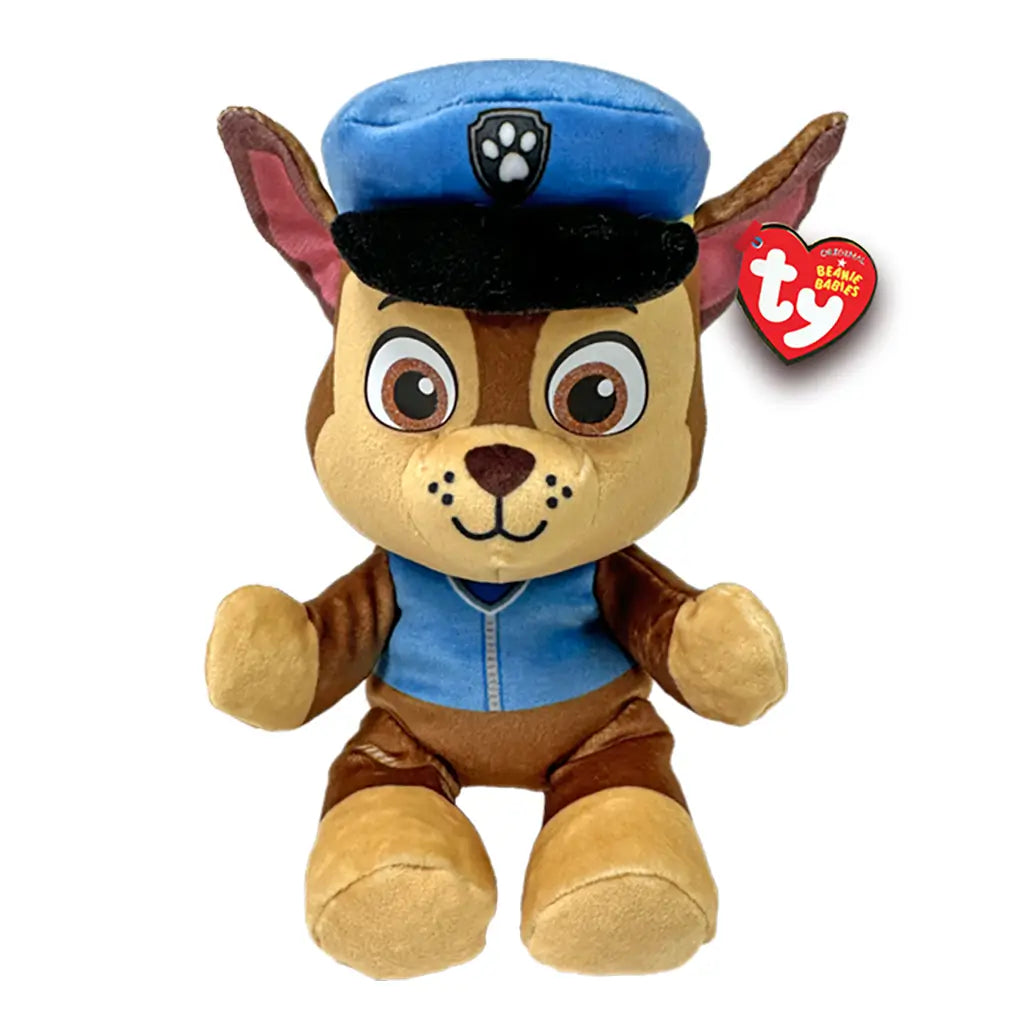 Chase Paw Patrol plush toy Ty Beanie Babies in brown and tan soft fabric, seated German Shepherd dog shape with embroidered face, blue police hat and vest, rescue pup character on white background.