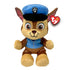 Chase Paw Patrol plush toy Ty Beanie Babies in brown and tan soft fabric, seated German Shepherd dog shape with embroidered face, blue police hat and vest, rescue pup character on white background.