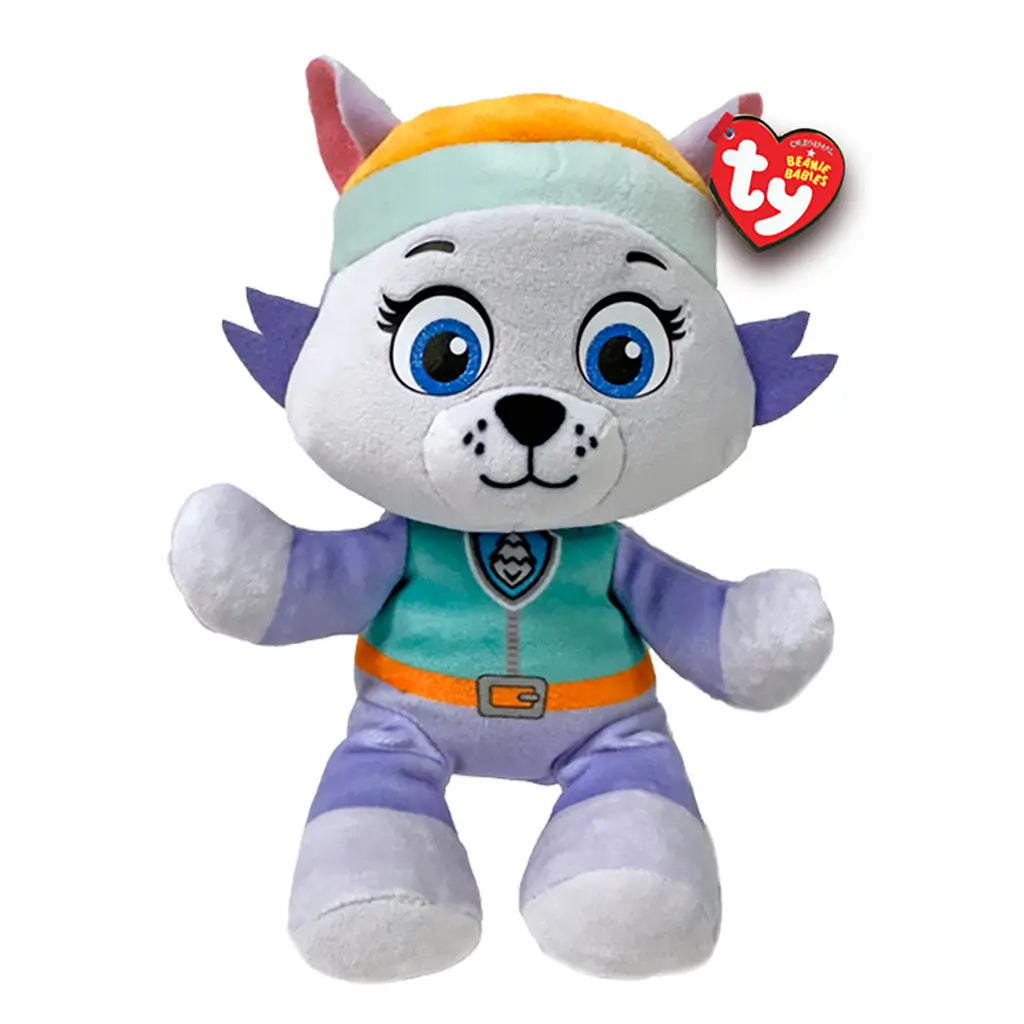 Paw Patrol Everest plush toy in white and lavender soft fabric with rounded husky shape, wearing a teal vest and multicolor winter hat, featuring bright blue eyes and small ears on a white background.