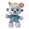 Paw Patrol Everest plush toy in white and lavender soft fabric with rounded husky shape, wearing a teal vest and multicolor winter hat, featuring bright blue eyes and small ears on a white background.