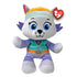 Paw Patrol Everest plush toy in white and lavender soft fabric with rounded husky shape, wearing a teal vest and multicolor winter hat, featuring bright blue eyes and small ears on a white background.