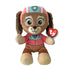 Paw Patrol Liberty plush toy in brown and tan soft fabric with rounded dachshund shape, wearing pink helmet and jacket with teal accents, featuring large brown eyes and floppy ears on white backgroun