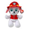 Paw Patrol Marshall plush toy in white soft fabric with rounded dalmatian shape, wearing a red firefighter helmet and vest, featuring blue eyes and black spots, on a plain white background.