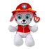 Paw Patrol Marshall plush toy in white soft fabric with rounded dalmatian shape, wearing a red firefighter helmet and vest, featuring blue eyes and black spots, on a plain white background.