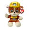 Paw Patrol Rubble plush toy in brown and cream soft fabric with rounded bulldog shape, wearing a yellow construction helmet and vest, featuring large brown eyes and floppy ears, on a white background.