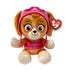 Paw Patrol Skye plush toy in tan and cream soft fabric with rounded puppy shape, wearing a pink aviator helmet and vest, featuring large pink eyes and floppy ears, on a white background.