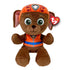 Paw Patrol Zuma plush toy in brown soft fabric with rounded puppy shape, wearing an orange rescue helmet and vest with blue accents, featuring large green eyes and floppy ears, on a white background.