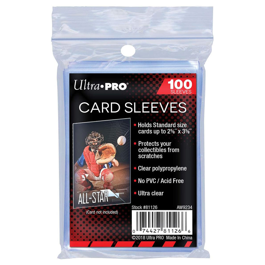 Pack of 100 Ultra PRO card sleeves for 2.5 x 3.5 inch standard cards, made of ultra-clear, acid-free polypropylene for safe storage and scratch protection.
