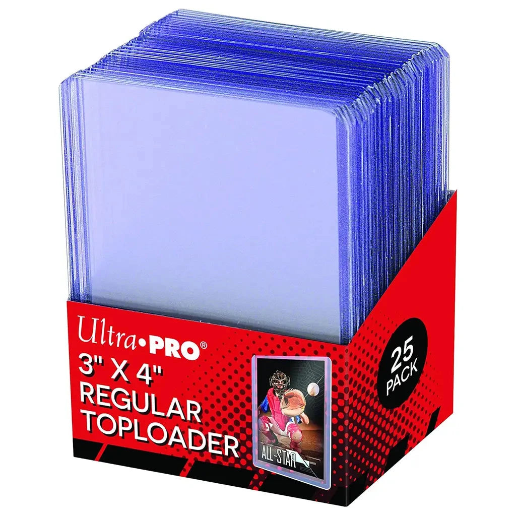 Retail pack of 25 Ultra PRO 3 x 4 inch clear regular toploaders for standard-size trading cards, offering rigid, acid-free plastic sleeves for card protection.