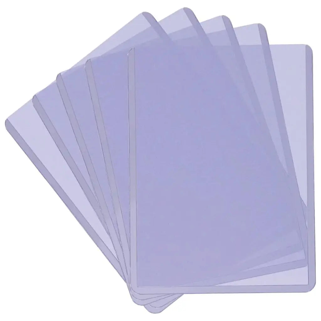 Set of Ultra PRO 3 x 4 inch clear toploaders fanned out to display quantity and thickness, offering rigid protection for collectible trading cards.