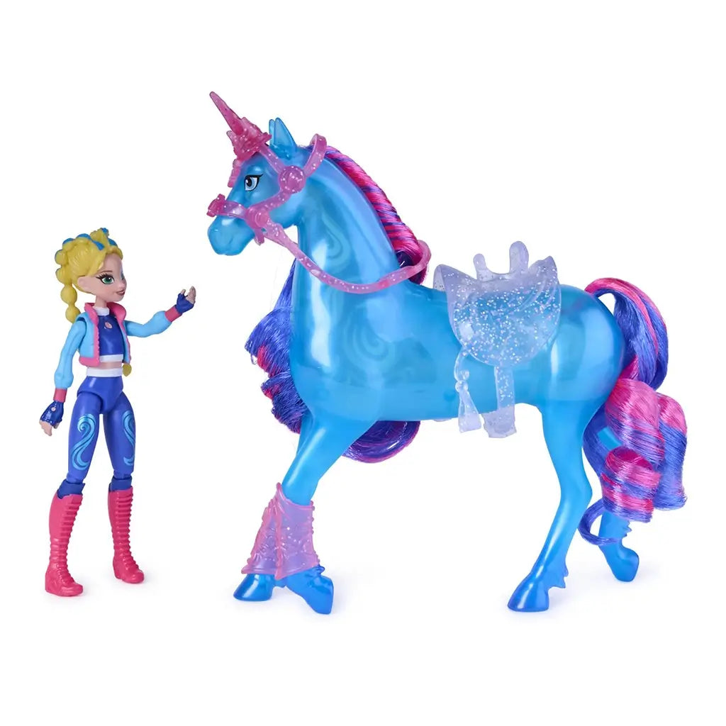 Angled view of Unicorn Academy River playset with blue unicorn, glitter saddle, pink harness, multicolor mane and tail, and rider doll standing beside for imaginative fantasy roleplay scenes.