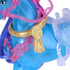 Close-up of Unicorn Academy River unicorn showing blue glossy body, gold decorative chest plate, pink translucent harness, and sparkling saddle details that emphasize fantasy styling and character design.