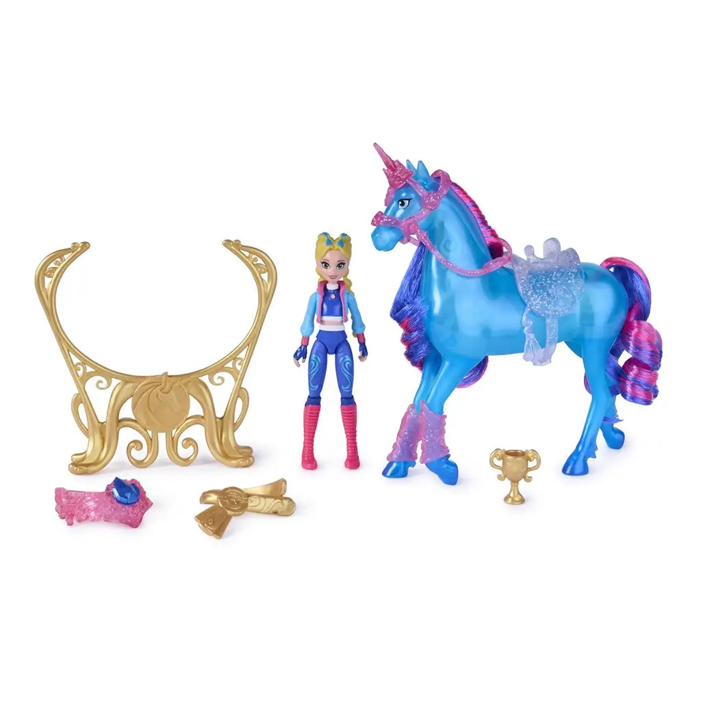 Expanded Unicorn Academy River playset layout featuring unicorn, rider, ornate gold stand, removable accessories, and display pieces arranged to show scale, details, and imaginative play options.