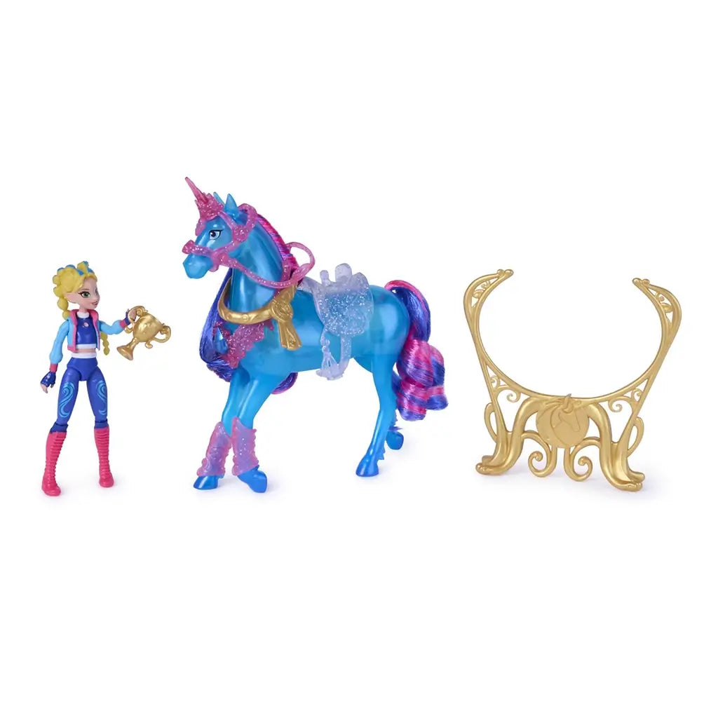 Unicorn Academy River playset contents arranged with blue unicorn, blonde rider doll, gold trophy, decorative stand, pink and gold accessories, showing full fantasy set on white background.