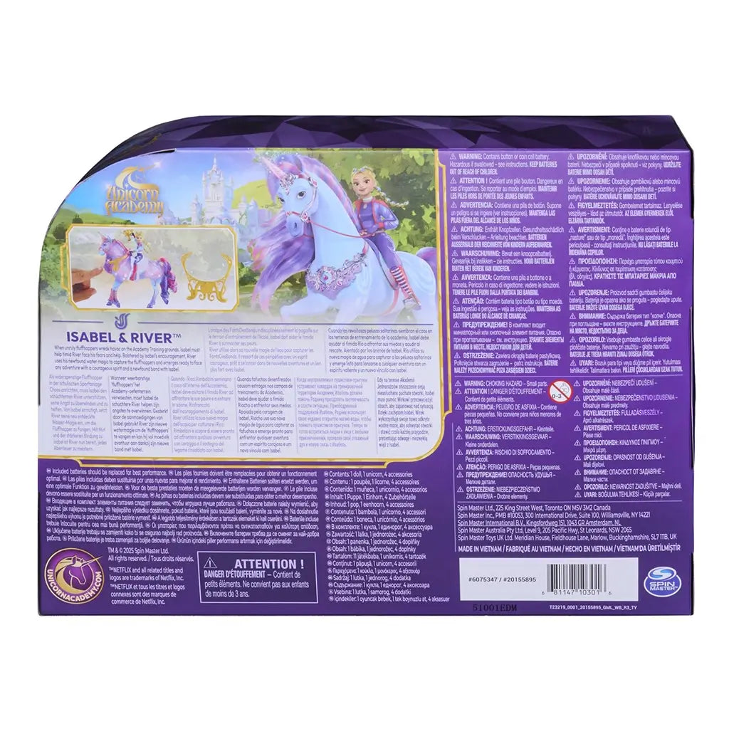 Unicorn Academy River playset package back with purple fantasy artwork, character illustrations, feature descriptions, multilingual text, and safety details explaining interactive light-up unicorn play.