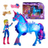 Unicorn Academy River Train and Glow playset packaging showing unicorn and rider through clear window, purple geometric graphics, gold accents, and Netflix series branding on fantasy-themed box.