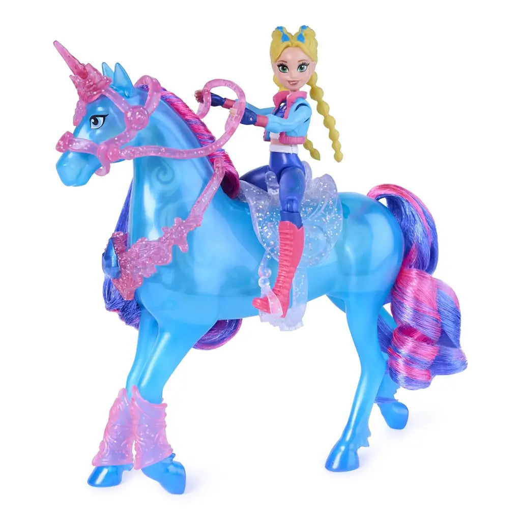 Unicorn Academy River playset featuring bright blue unicorn with glossy finish, pink translucent bridle and boots, flowing multicolor mane, and articulated rider doll posed for fantasy riding play.
