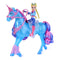 Unicorn Academy River playset featuring bright blue unicorn with glossy finish, pink translucent bridle and boots, flowing multicolor mane, and articulated rider doll posed for fantasy riding play.