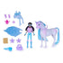 Unicorn Academy toy set contents arranged on white background, featuring pastel plastic unicorn, articulated Layla doll, translucent blue wings, gemstone accessories, and styling pieces designed for imaginative fantasy play.