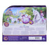 Unicorn Academy playset package back showing illustrated scenes, icons, and instructions on glossy purple cardboard, explaining features, accessories, and imaginative play scenarios set in a fantasy academy world.