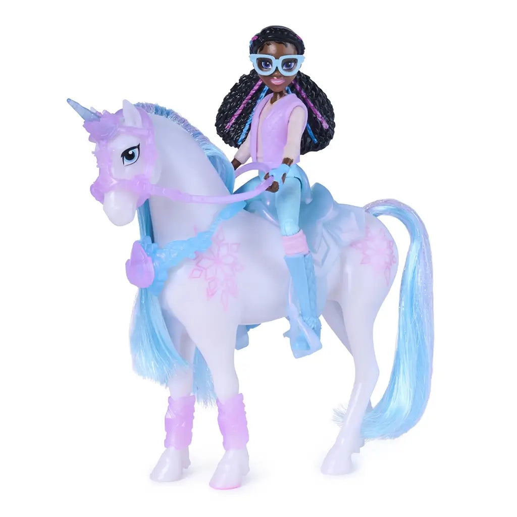 Unicorn Academy Layla and Glacier figures posed together on white background, showing pastel white unicorn with blue mane and pink accents, and articulated rider doll designed for fantasy storytelling adventures.