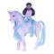Unicorn Academy Layla and Glacier figures posed together on white background, showing pastel white unicorn with blue mane and pink accents, and articulated rider doll designed for fantasy storytelling adventures.