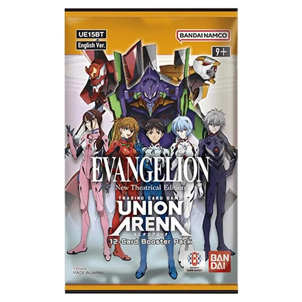 Union Arena Evangelion booster pack features multicolor anime character artwork on metallic foil packaging for the New Theatrical Edition trading card game by Bandai Namco.