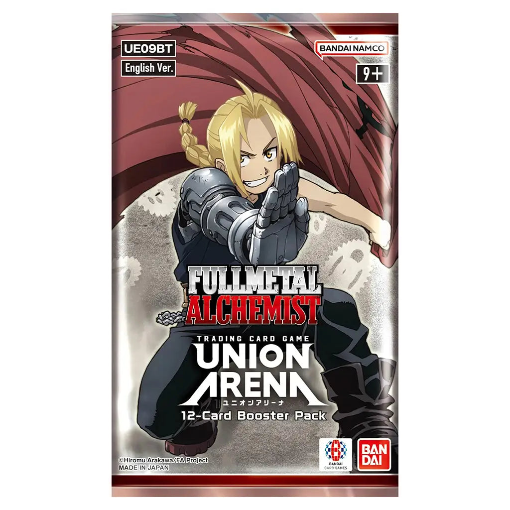 Front of Fullmetal Alchemist Union Arena trading card game booster pack, featuring Edward Elric in an action pose with his automail arm extended, labeled English version UE09BT for ages 9 and up with 12 cards included.
