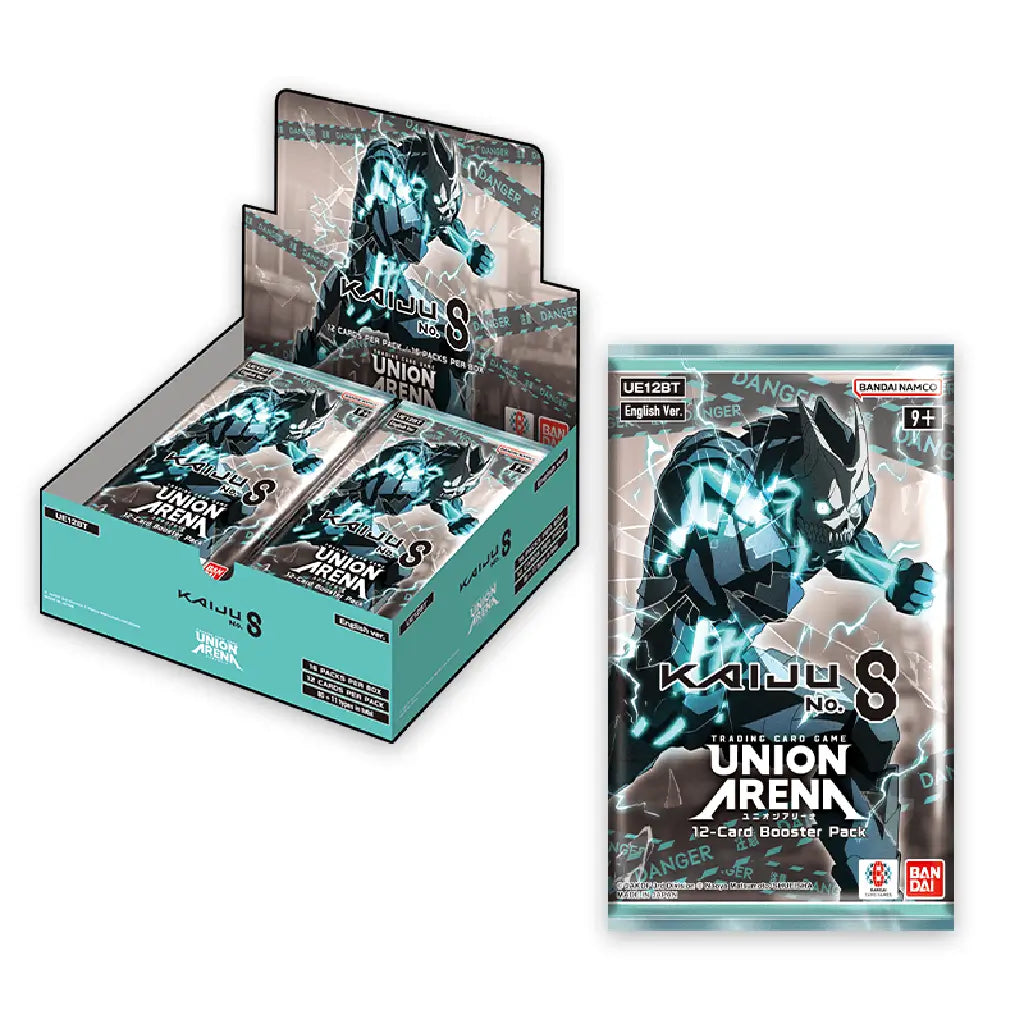Kaiju No. 8 Union Arena display box featuring teal packaging filled with foil booster packs, each showing the glowing blue armored Kaiju charging forward against a hazard-marked background from Bandai.