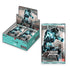 Kaiju No. 8 Union Arena display box featuring teal packaging filled with foil booster packs, each showing the glowing blue armored Kaiju charging forward against a hazard-marked background from Bandai.