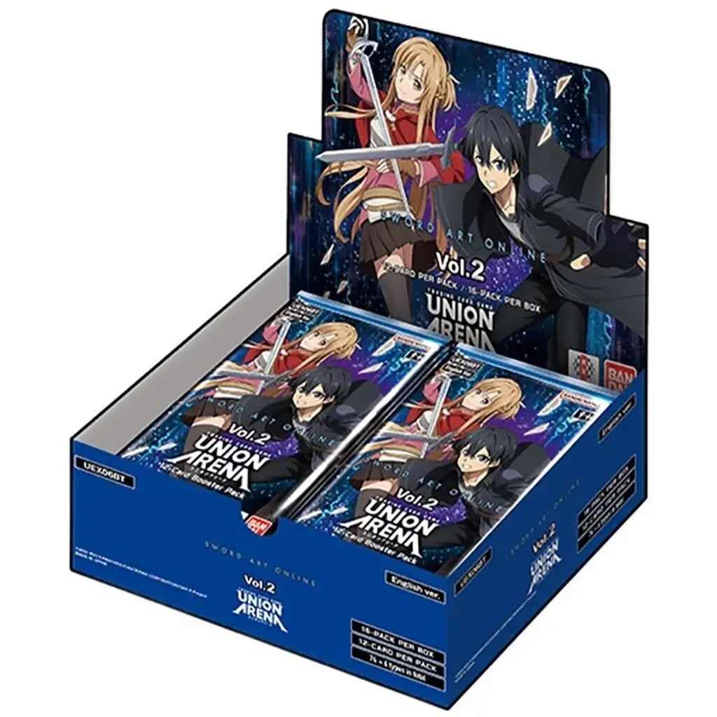 Union Arena Sword Art Online Vol. 2 booster box is blue cardboard with Kirito and Asuna artwork, displaying multiple trading card packs on a white background.